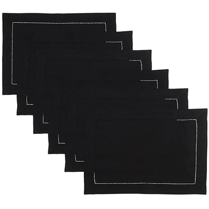Signature Linen™ by D'Moksha, Black Placemats Set of 6, 14 x 19 Inch, 100% Pure Linen Table Mats, Hemstitch, Machine Washable Cloth Placemats- Fall, Weddings, Outdoor Hosting - color: Black, size: Set of 6 (14 X 19 Inch)