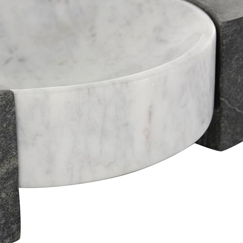 Deco 79 Marble Geometric Living Room Decor Tray Round Ottoman Tray with Black Rectangular Blocks, Serving Tray 10" x 8" x 3", White - size: 10.2"