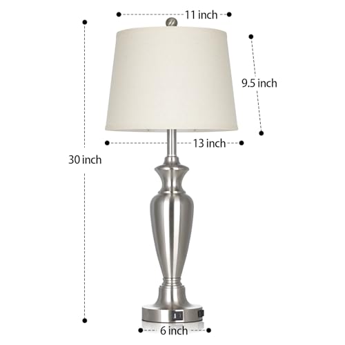 30" Tall Silver Table Lamps Set of 2 for Living Room, Touch Control Bedside Lamps for Nightstand, 3-Way Dimmable Bedroom Table Lamp with USB A+C Ports and AC Outlet (2 LED Bulbs Included) - color: Silver - 30"H