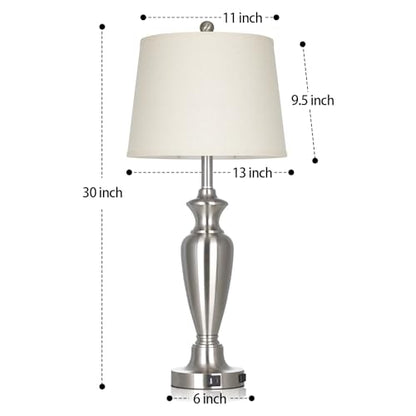 30" Tall Silver Table Lamps Set of 2 for Living Room, Touch Control Bedside Lamps for Nightstand, 3-Way Dimmable Bedroom Table Lamp with USB A+C Ports and AC Outlet (2 LED Bulbs Included) - color: Silver - 30"H