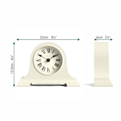 JONES CLOCKS® Speakeasy Small Mantel Clock | Classic Napoleon’s hat Design | Pale Cream | Roman Numerals | Traditional Style for Desk, Table, Shelf or Bedside - color: Linen White
