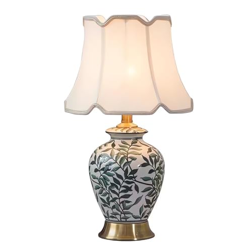Green Plant Ceramic Table lamp American Ceramic Desk Lamp with Gold Base and Green Leaf Lamp Body Design Cottage Bedside Desk Nightstand Table Lamp for Bedroom,Living Room,Office