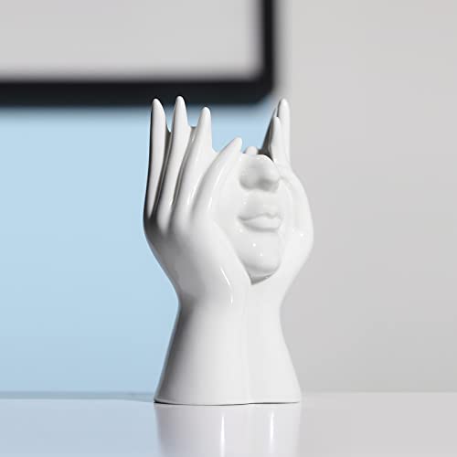 BrownLove Ceramic Face Vase White Flower Vase for Decor Female Form Face Vase Art Vase Modern Decorative Vase Centerpiece for Table Shelf Living Room Office Bedroom - style: Face Vase - Hands Over Face