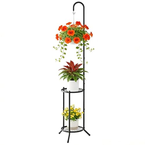2-Tier Plant Stand With Hanging Hook, Metal Standing Plant Hanger, Black - color: Black