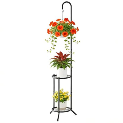 2-Tier Plant Stand With Hanging Hook, Metal Standing Plant Hanger, Black - color: Black