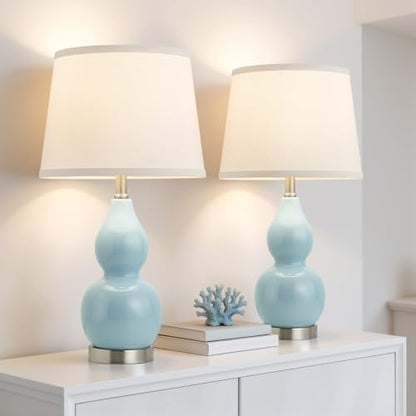 GyroVu 22" Table Lamp Set of 2, Color Temperature Adjustable Double Gourd Ceramic Lamps Classic Nightstand Table Lamps for Bedroom Beside Lamps for Living Room, Sky Blue-Bulbs Included - color: 22.63" Blue Gourd
