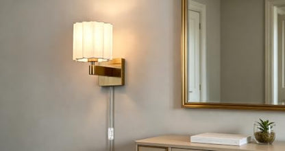 Plug in Gold Wall Sconce Mid Century Modern Pleated Linen Shade - color: Gold