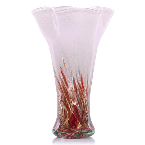9.0" H Pink Red Glass Vases for Flower, Unique Hand Blown Glass Vase - color: Pink Red
