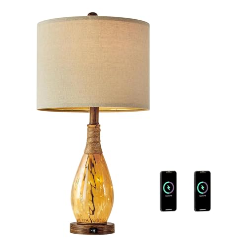 OYEARS 23" USB A+C Table Lamp for Bedroom Living Room Modern Bedside Lamps Retro Farmhouse Rattan Glass Nightstand Nightlight Lamps (Amber),Two Light Points - color: Wood Brown