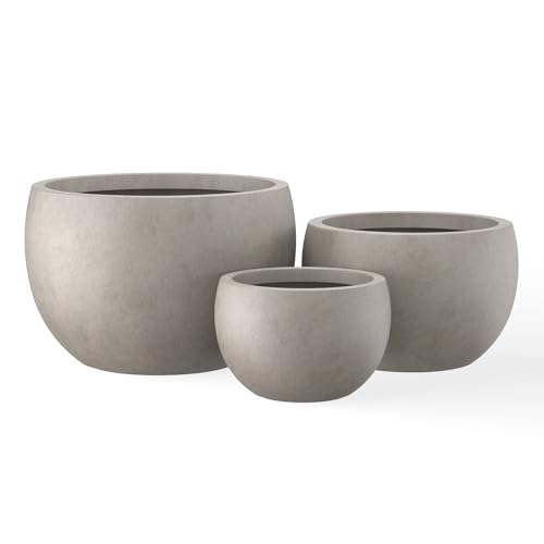 Kante Set of 3 Weathered Concrete Bowl Planters 20" 15.7" 11.8" Dia - color: Weathered Concrete, size: 19.9"D + 15.7"D + 11.8"D