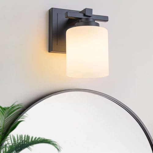 Modern Bathroom Light Fixtures Over Mirror, Vanity Lights for Bathroom Wall Sconces with Milky White Glass Shades, E26 Socket (Bulbs Not Included), 1 Light, Black - color: Black, size: 4.72 inch-1-Light