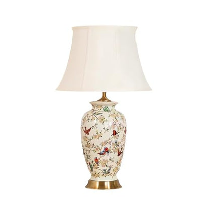 White 27" Flower and Bird Ceramics Table Lamp Chinoiserie Desk Lamp,Fabric Drum Shade,Gold Base, Tall Table Lamp Decor for Living Room Bedroom Bedside Office College Bookcase