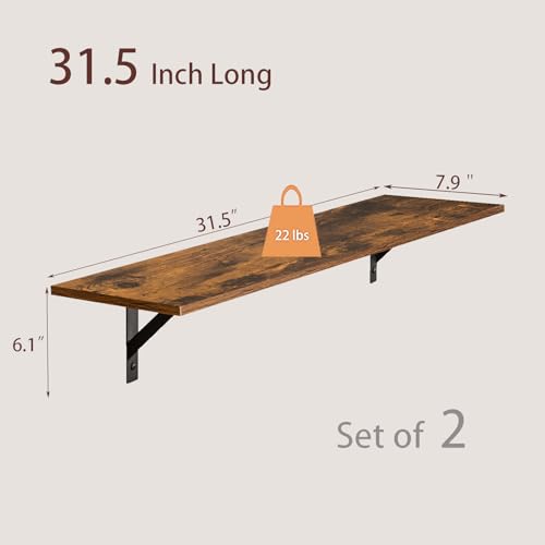 DINZI LVJ Long Wall Shelves, 31.5" Wall Mounted Shelves with Metal Brackets - color: Rustic Brown, size: 31.5 Inch