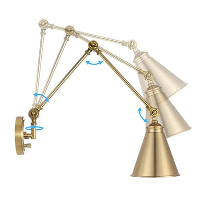 WINGBO Farmhouse Swing Arm Wall Sconce Set of 2, Industrial Adjustable Wall Lamp Light Fixture for Living Room Bedroom Vanity Study Desk Office, Plug in or Hardwired, Brass - color: Brass
