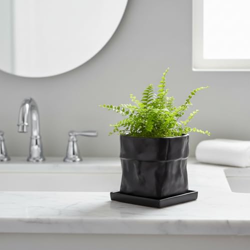 Nihow 6 Inch Ceramic Plant Pot with Drainage & Square Saucer,Black - color: Black, size: 6 Inch