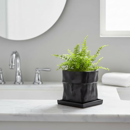 Nihow 6 Inch Ceramic Plant Pot with Drainage & Square Saucer,Black - color: Black, size: 6 Inch