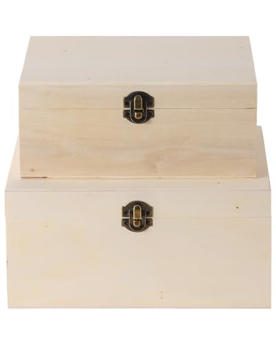 2 Pack Large Unfinished Wooden Box with Locking Clasp - 9.2x6.9x4.5 in-8.2X5.8X3.5in Natural Super Thick Poplar Box DIY Keepsake Wooden Boxes