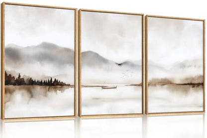 DRACIT Neutral Abstract Mountain Framed Canvas Print Wall Art Set-24"x36"x3 - color: Natural Landscape Wall Art, size: 24"L x 36"W