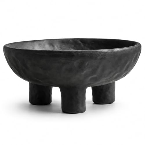 Black Concrete Decorative Bowl, 12 Inch Large Footed Bowl for Home Decor, Heavyweight Pedestal Bowl, Matte Black Centerpiece Bowl for Coffee Table, Shelf, Console, Entryway, Outdoor Styling