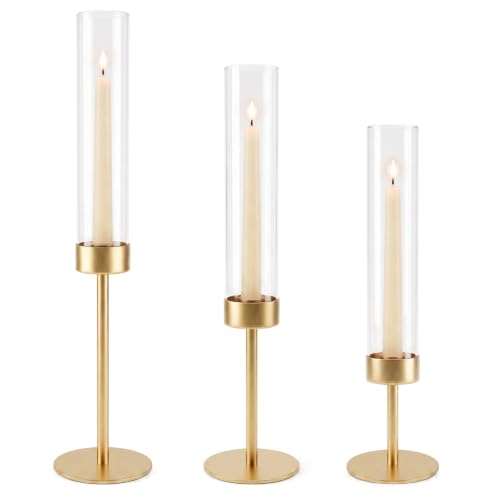 Hurricane Glass Candle Holders Set of 3 Gold Metal Taper Candlesticks