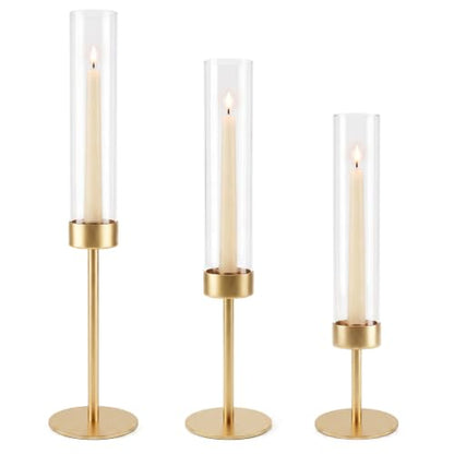 Hurricane Glass Candle Holders Set of 3 Gold Metal Taper Candlesticks