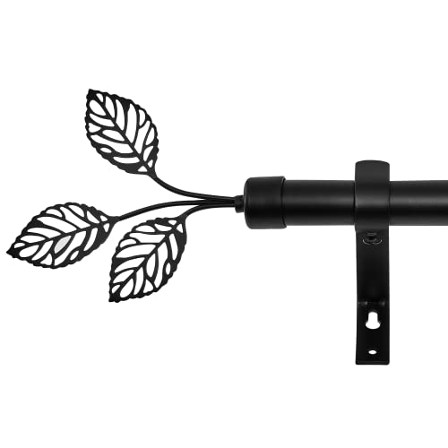 RYB HOME Black Curtain Rod, 1 Inch Vintage Decorative Leaf Finial Set - color: Matt Black, size: 48-86"