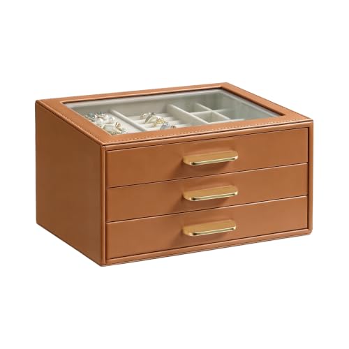 Homeanda Jewelry Boxes Organizer with Glass Lid, 3-Layer PU Leather, Brown - color: Brown, size: 3 Layer