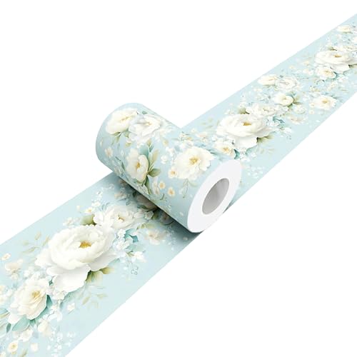 White Peony Wallpaper Border Peel and Stick Light Blue Floral Trim - color: Linght Blue/White, size: 3.9" x 196.8"