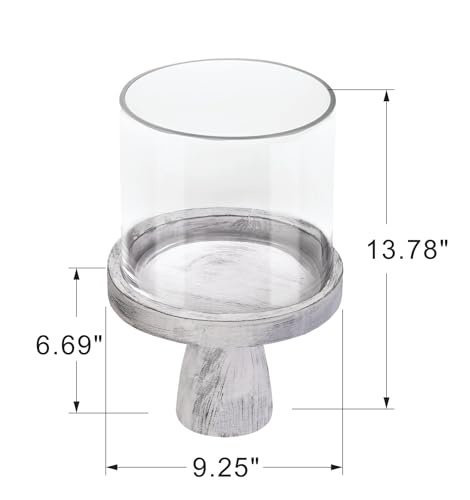 9" Wide Farmhouse Glass Hurricane Candle Holder & Glass Vase with Distressed White Sturdy Solid Wooden Base for Pillar & Flower Arrangement, Terrarium, Centerpiece, Console Table, Dining Table, Mantel - color: Rustic White, size: 9"x13.5"