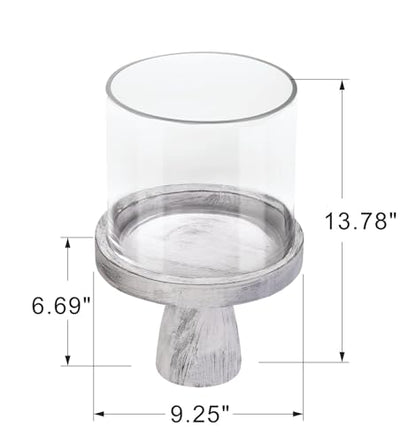 9" Wide Farmhouse Glass Hurricane Candle Holder & Glass Vase with Distressed White Sturdy Solid Wooden Base for Pillar & Flower Arrangement, Terrarium, Centerpiece, Console Table, Dining Table, Mantel - color: Rustic White, size: 9"x13.5"