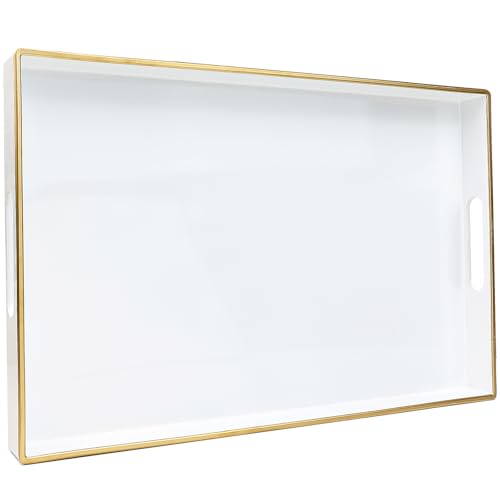Spsyrine White Decorative Serving Tray with Handles, Elegant Plastic Coffee Table Tray for Ottoman, Living Room, Home Decor 15.6" X 10.2" - color: Pure White