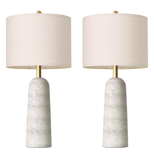 BOBOMOMO 27.25" Modern Table Lamp Set of 2, White Resin Table Lamps with Stone Look, Lamps for Living Room with Linen Shades, Bedside Lamps for Bedroom, Nightstand, Entryway - color: Soft White, size: 27.25"