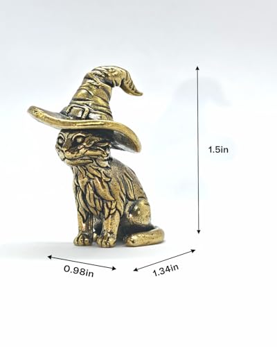 2Pcs Brass Witch Cat Statues, Mini Wizard Hat Figurines for Shelf Desk