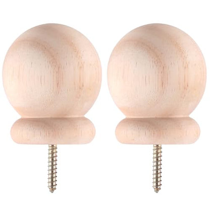 2 Pack Bed Post Finials 3" Round Wood Ball Curtain Rod Finial with Screw - size: 3 Inch