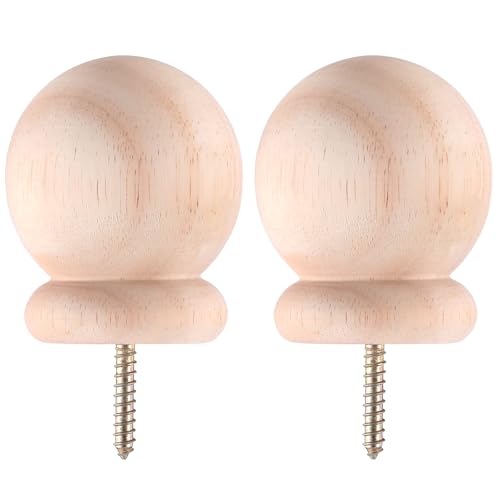 2 Pack Bed Post Finials 3" Round Wood Ball Curtain Rod Finial with Screw - size: 3 Inch