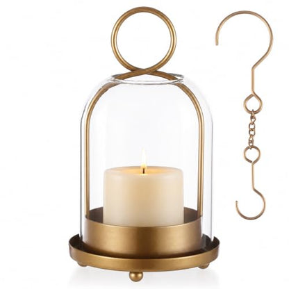 Hurricane Candle Holder, 7.7 x 4.3 in Farmhouse Metal Hurricane Holder with Glass Chimney & Hanging Hook for Table Centerpiece, Hanging Lantern for Home Wedding Decor