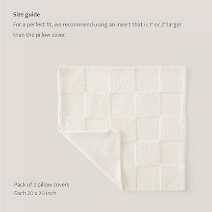 Double Stitch 100% Cotton Tufted Boho Checkered Throw Pillow Covers, Cream - color: Cream, size: 20" x 20" (Pack of 2)