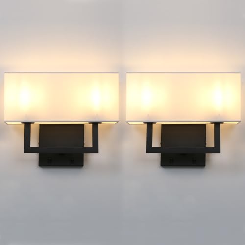 Yosoan Set of 2 Indoor Bedside Wall Sconce with On Off Switch, Modern Boho Interior Finish Brass 2-Light Vanity Vintage Industrial with Square White Fabric Shade for Reading Room Hallway(Black) - color: Black, size: 2-Pack