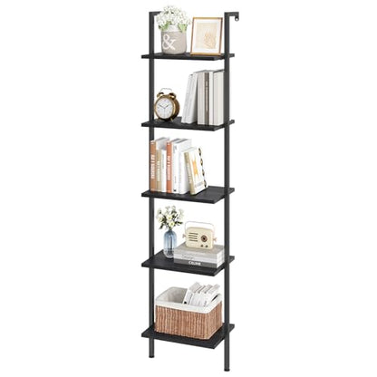 ELYKEN Ladder Shelf, 5-Tier Wood Wall Mounted Ladder Bookshelf - color: Black