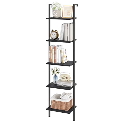 ELYKEN Ladder Shelf, 5-Tier Wood Wall Mounted Ladder Bookshelf - color: Black