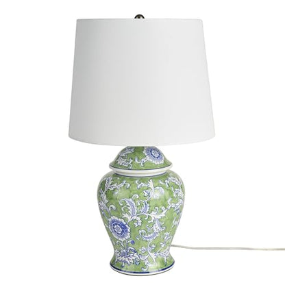 Nourison Home 24" Green & Blue Floral Ginger-Jar Ceramic Traditional Table Lamp for Living Room, Bedroom, Dining Room, Reading