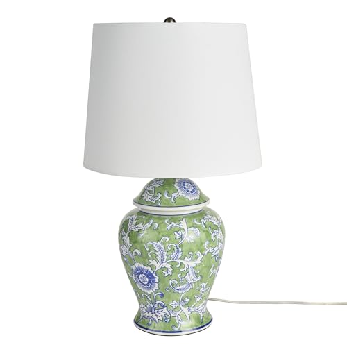 Nourison Home 24" Green & Blue Floral Ginger-Jar Ceramic Traditional Table Lamp for Living Room, Bedroom, Dining Room, Reading