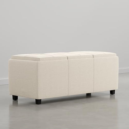 SIMPLIHOME Avalon 42" Wide Linen Look Storage Ottoman in Natural Beige - color: Natural Beige