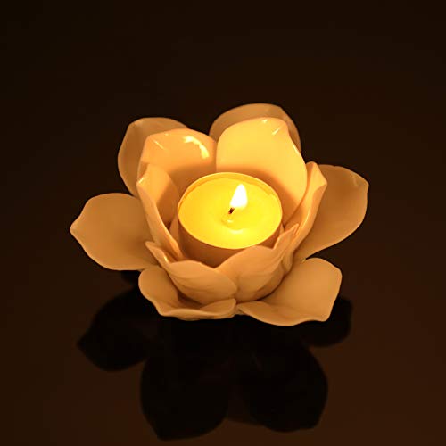 OwnMy 4.5 Inch Ceramic Lotus Flower Tea Light Holder Votive Candle Holder - color: White
