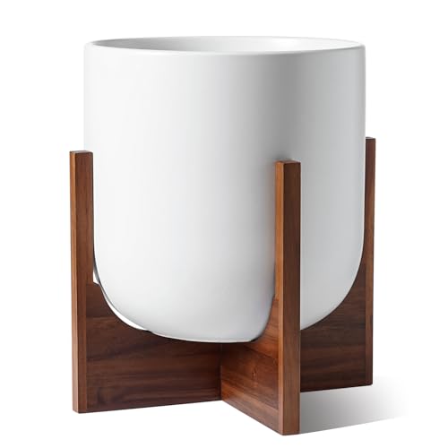 LE TAUCI 12 Inch Ceramic Planter with Acacia Wood Stand, White - color: White, size: 12 Inch