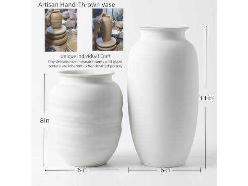 11 inch Tall Handcrafted Large White Ceramic Vase for Flowers, Home Decor - size: 11”H × 6”W