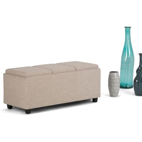 SIMPLIHOME Avalon 42" Wide Linen Look Fabric Storage Ottoman in Natural - color: Natural