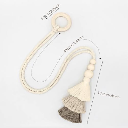 Boho Curtain Tiebacks with Wooden Beads & Tassel 2 Pack, Beige