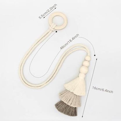 Boho Curtain Tiebacks with Wooden Beads & Tassel 2 Pack, Beige