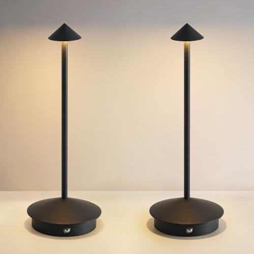 EJQ 2 Pack LED Rechargeable Cordless Table Lamps,Portable Outdoor 5000mAh Battery Operated Table Light Touch Control 3 Color Dimmable for Patio/Cofee/Restaurant/Camping/Dining/Bedroom-Black - color: Heise